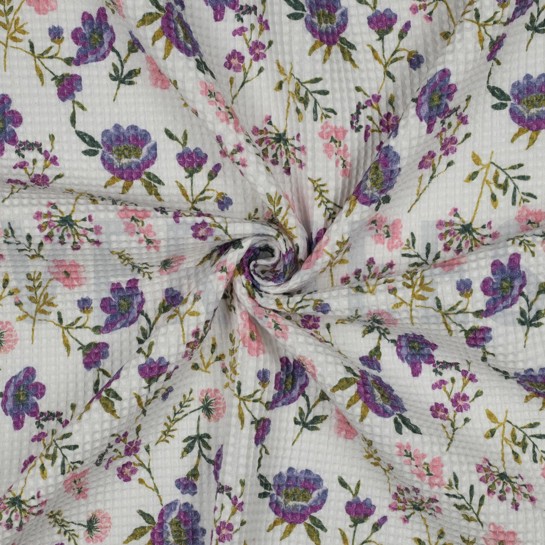 BAUMWOLLE WAFFEL DIGITAL BLUMEN WEISS #7