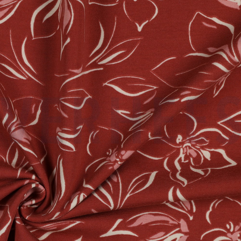 FRENCH TERRY FLOWERS KETCHUP RED #7