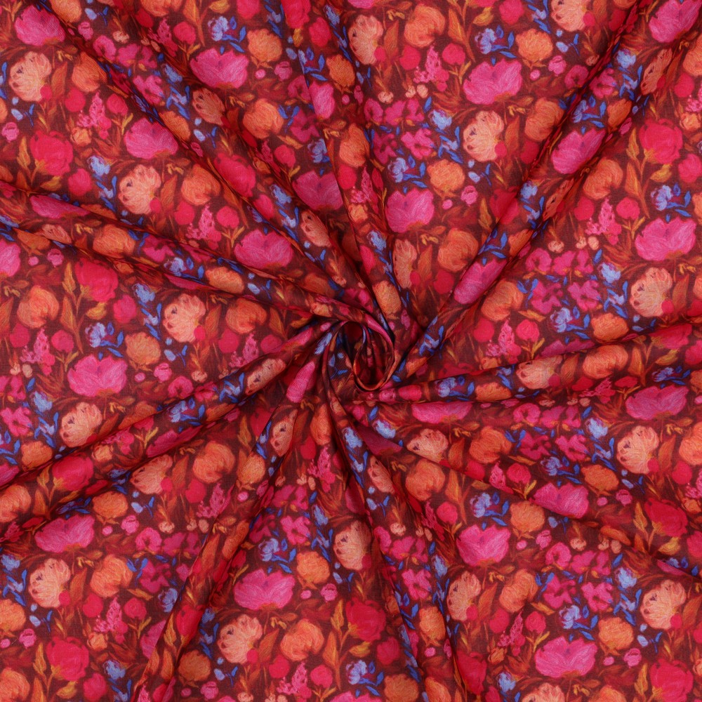 BAUMWOLLE VOILE DIGITAL BLUMEN BORDEAUXROT #7