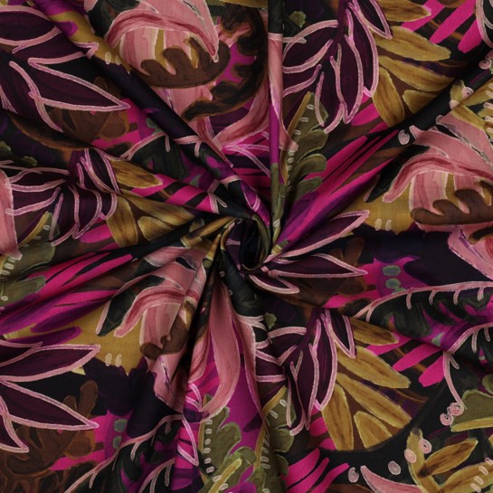 COTTON VISCOSE DIGITAL LEAVES PINK/OCHRE #7