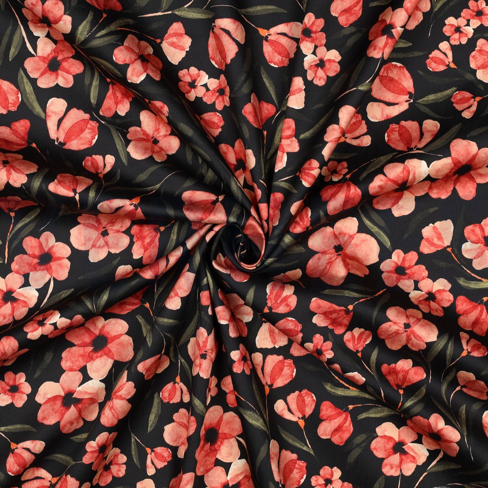 KATOEN SATIJN DIGITAAL BLOEMEN ROOD #7