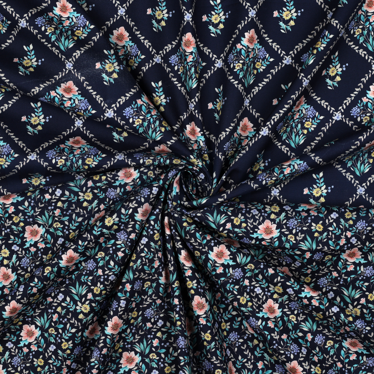 FIJNGEWEVEN KATOENEN POPLIN DIGITAAL BLOEMEN MARINEBLAUW #7