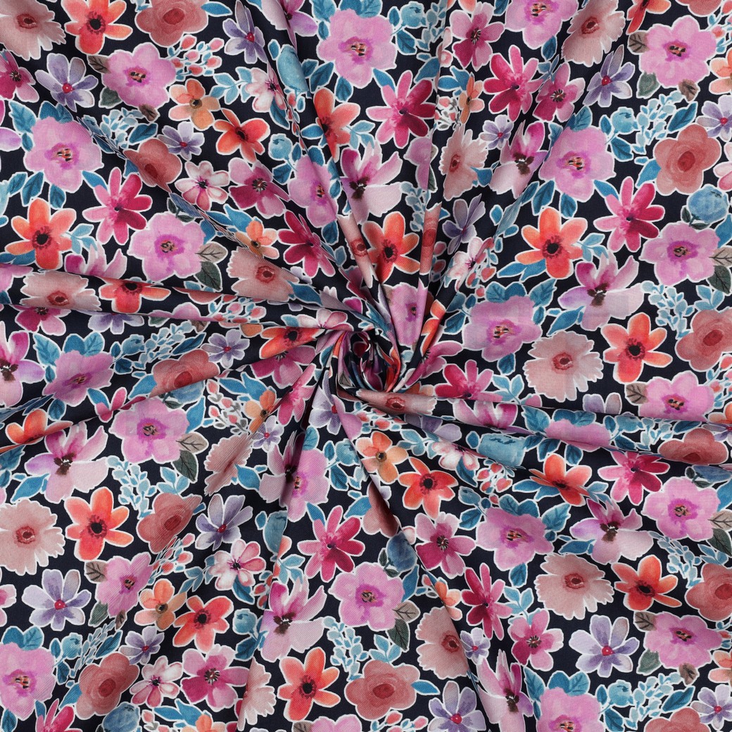 FINE POPLIN DIGITAL FLOWERS NAVY #7