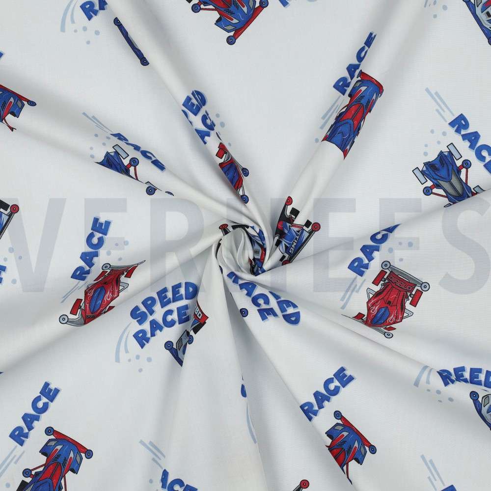FINE POPLIN DIGITAL RACE CARS WHITE #7
