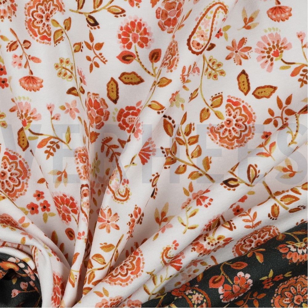JERSEY DIGITAAL PAISLEY BLOEMEN WIT / PERZIK #7