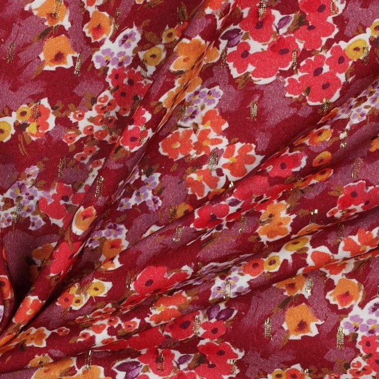 VISCOSE LUREX DIGITAAL KLEINE BLOEMEN KERSENROOD #7