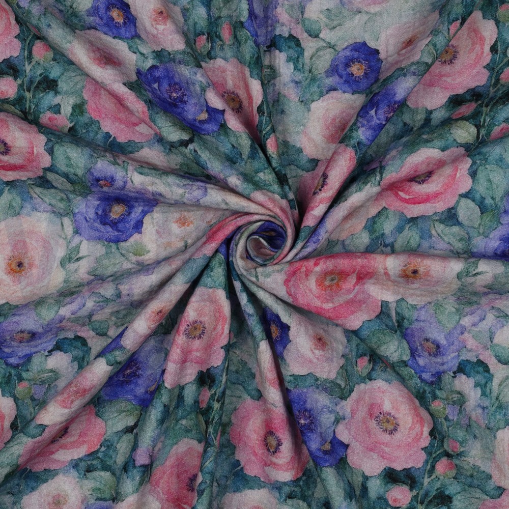 DOUBLE GAUZE DIGITAL FLOWERS PETROL #7