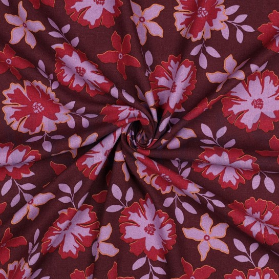 LINNEN VISCOSE BLOEMEN BORDEAUXROOD #7