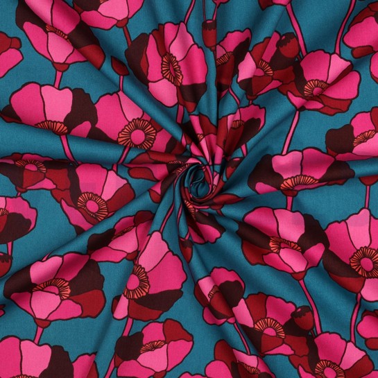 KATOEN VISCOSE BLOEMEN PETROL #7