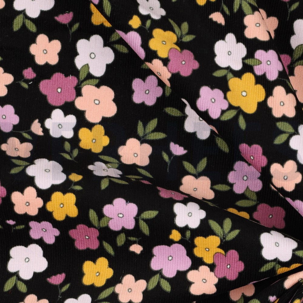 CORDUROY BABYRIB KLEINE BLOEMEN ZWART #7