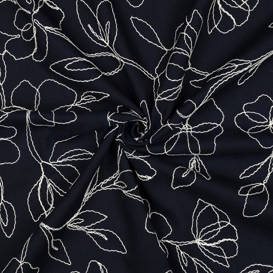 LINNEN VISCOSE EMBROIDERY BLOEMEN MARINEBLAUW #7
