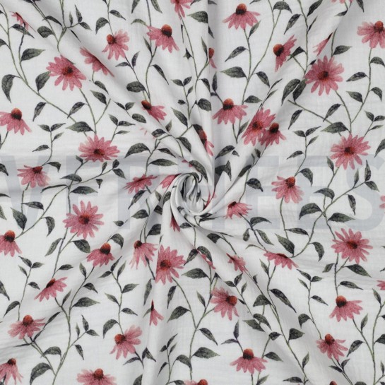 DOUBLE GAUZE GOTS DIGITAAL BLOEMEN WIT #7