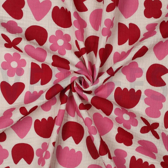 DOUBLE GAUZE GOTS NATURAL LOVE SHAPES NATURAL/FUCHSIA #7