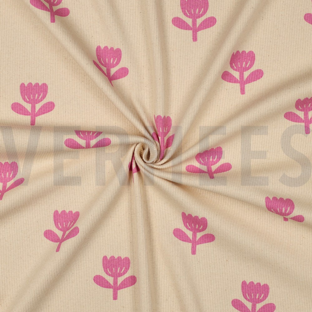 RIB JERSEY GOTS NATURAL FLOWERS NATURAL/FUCHSIA #7