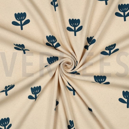 JERSEY CÔTELÉ GOTS NATURAL FLEURS NATUREL/PÉTROLE #7