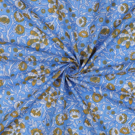 HANDGEMAAKTE BLOKPRINT KATOEN BLOEMEN BLAUW #7