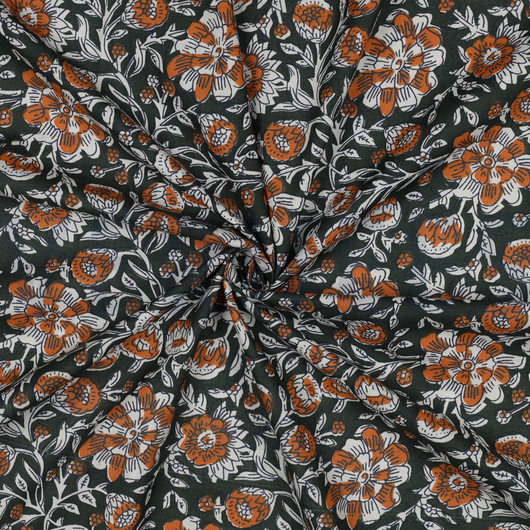 HANDCRAFTED BLOCK-PRINTED COTTON FLOWERS GREEN #7