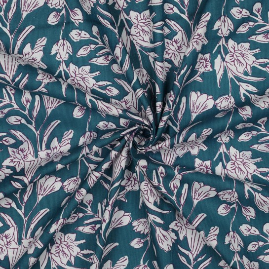 HANDCRAFTED BLOCK-PRINTED COTTON FLOWERS PETROL #7