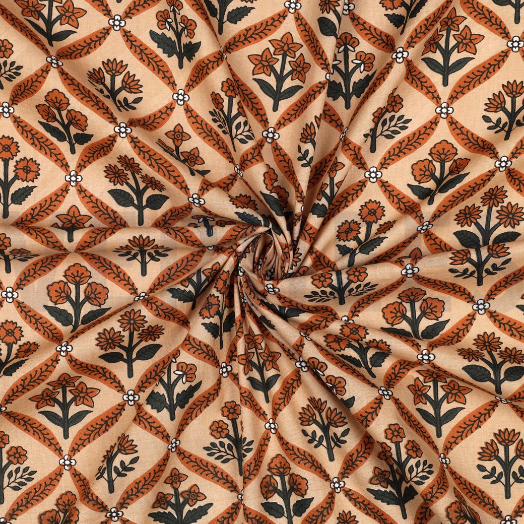 COTON IMPRIMÉ BLOCK FAIT MAIN FLEURS CAMEL #7