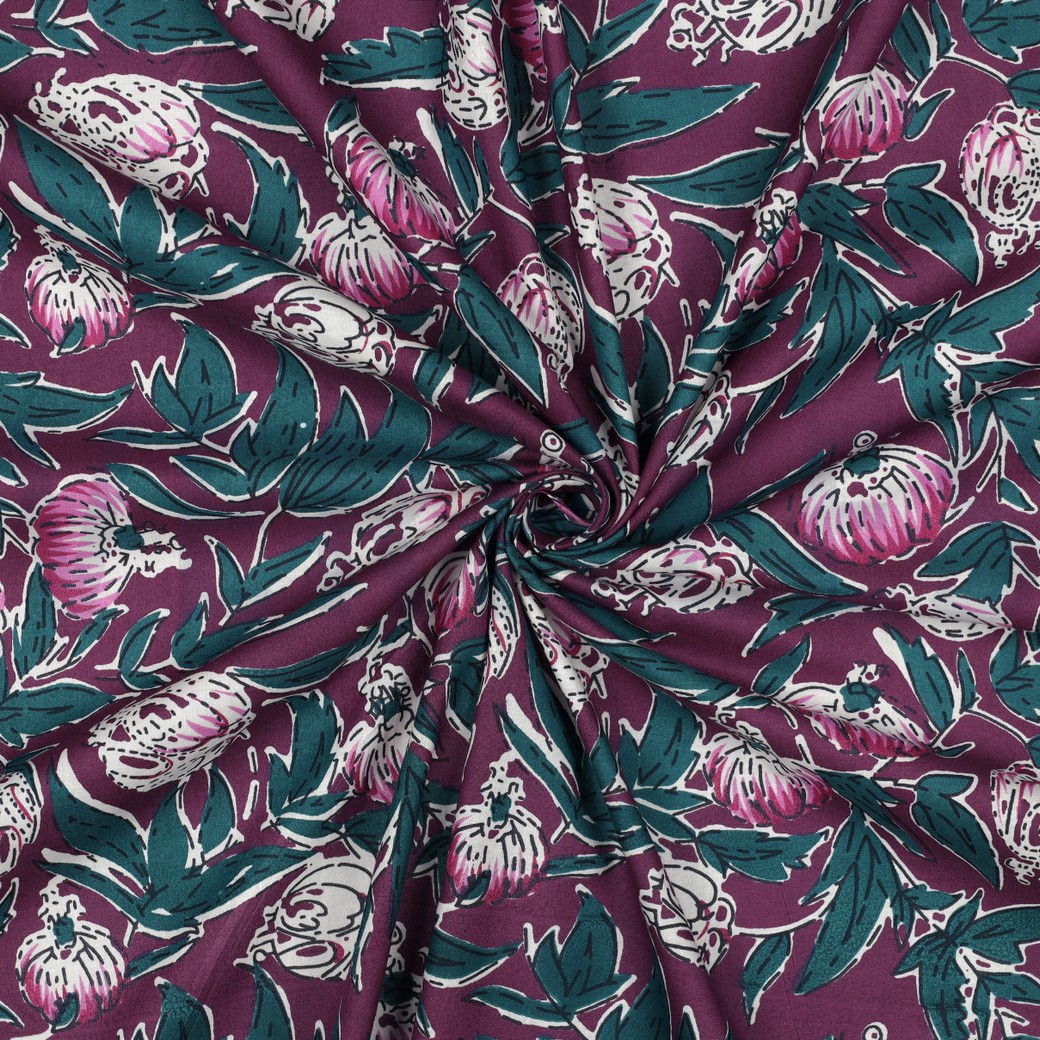 HANDCRAFTED BLOCK-PRINTED COTTON FLOWERS AUBERGINE #7