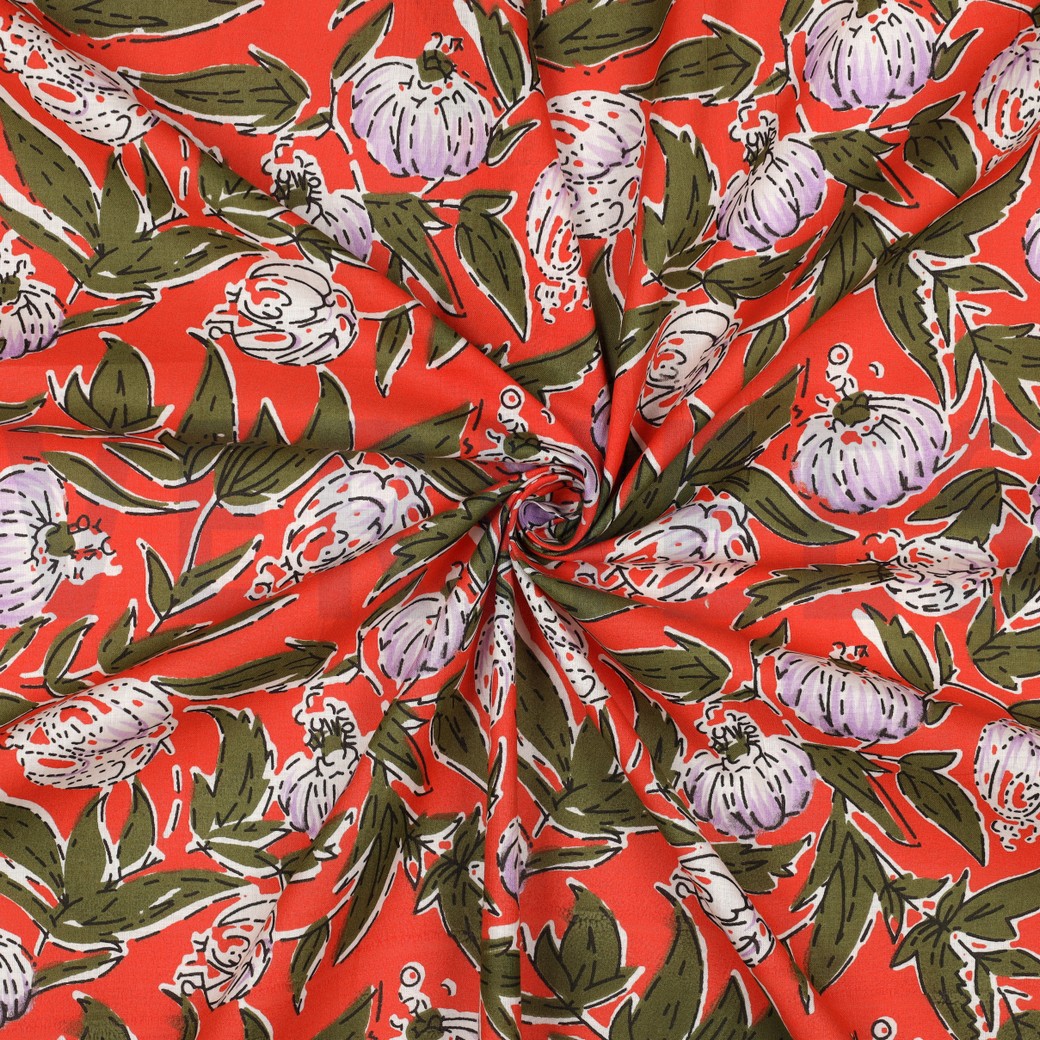 COTON IMPRIMÉ BLOCK FAIT MAIN FLEURS CORAIL #7