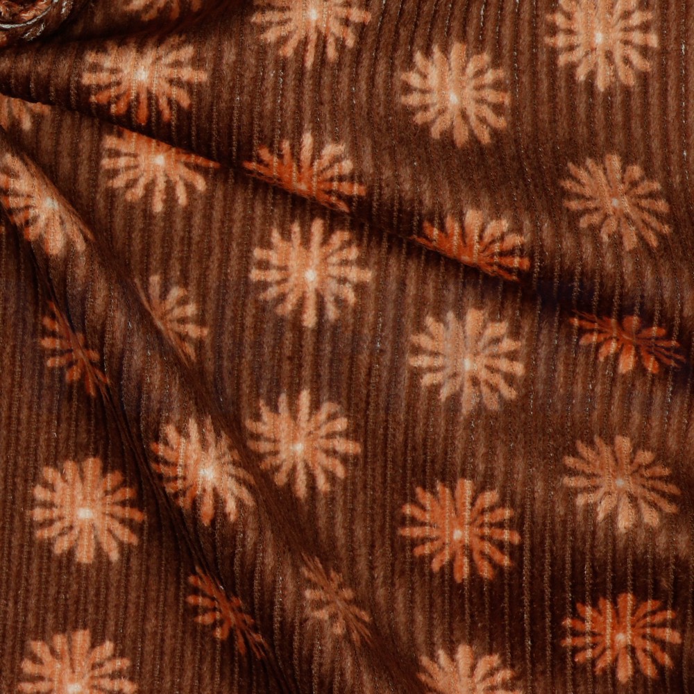 GEWASSEN RIBCORDUROY BLOEMEN LICHTBRUIN #7