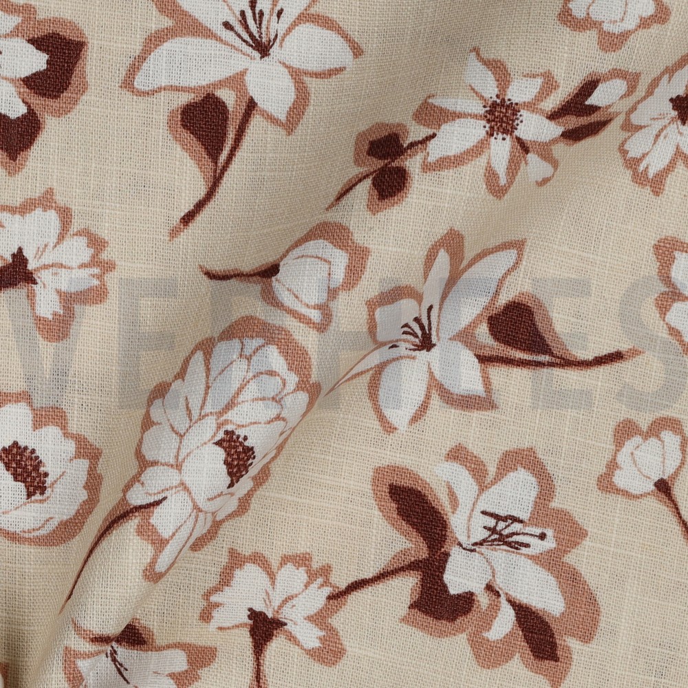 LINNEN GEWASSEN GROTE BLOEMEN LICHT ZAND #7