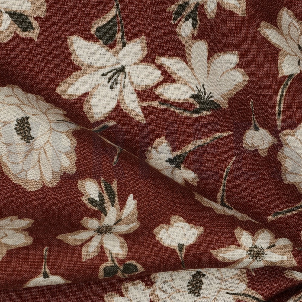 LINNEN GEWASSEN GROTE BLOEMEN ROOD/ROUGE #7