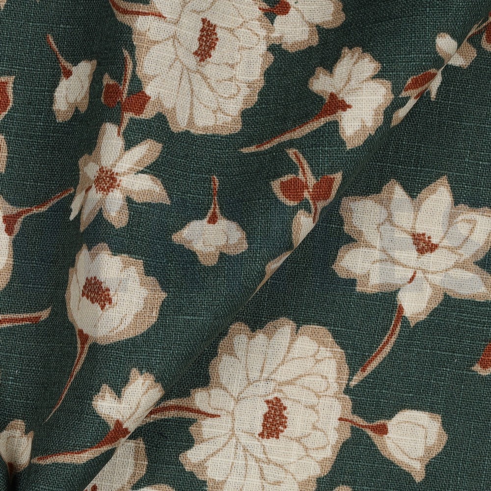 LINNEN GEWASSEN GROTE BLOEMEN OUDGROEN #7