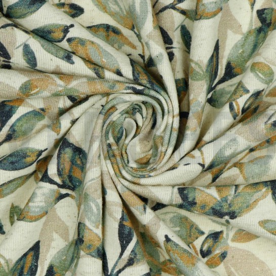 LINEN JERSEY DIGITAL LEAVES OLD GREEN/OCHRE #7