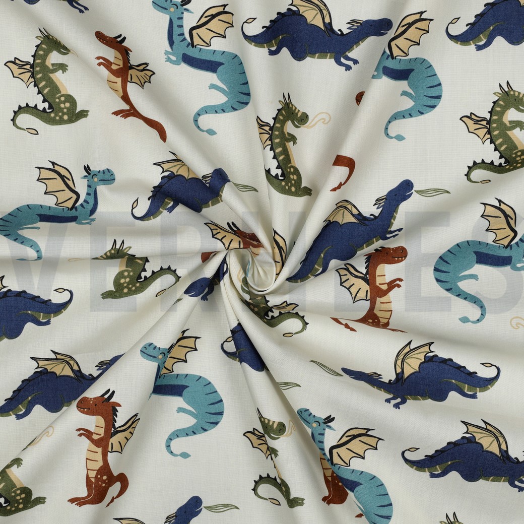 POPELINE DE COTON TISSAGE FIN DRAGONS BLANC CASSÉ #7