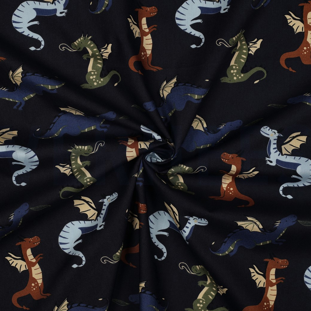 POPELINE DE COTON TISSAGE FIN DRAGONS BLEU MARINE #7