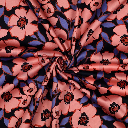 KATOEN SATIJN BLOEMEN MARINEBLAUW #7