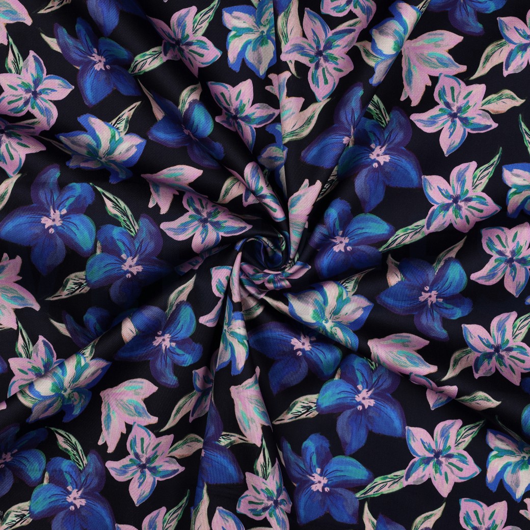 KATOEN SATIJN DIGITAAL BLOEMEN MARINEBLAUW #7