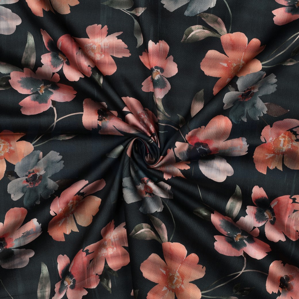 COTTON SATIN DIGITAL FLOWERS DARK PETROL #7