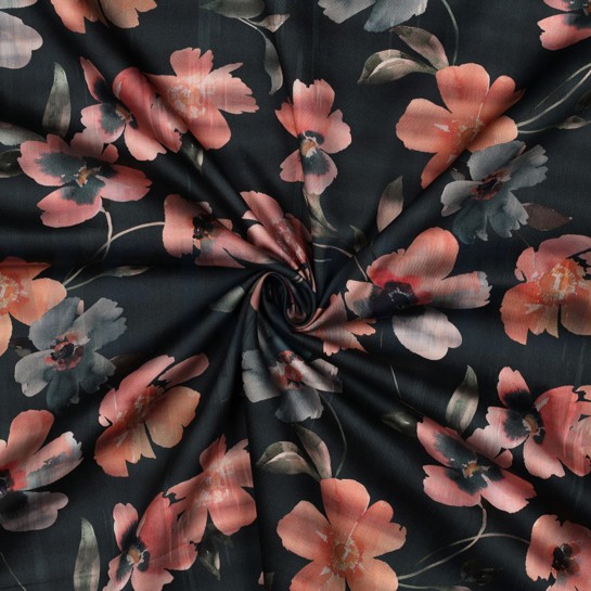 BAUMWOLLE SATIN DIGITAL BLUMEN DUNKEL PETROL #7