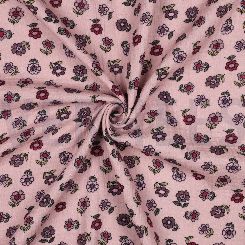 DOUBLE GAZE DE COTON FLEURS VIEUX ROSE #7