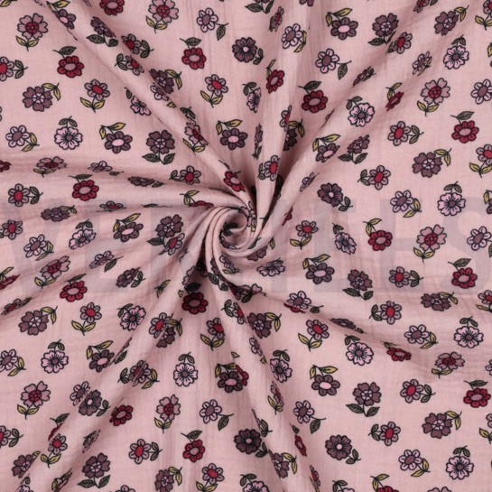 DOUBLE GAZE DE COTON FLEURS VIEUX ROSE #7