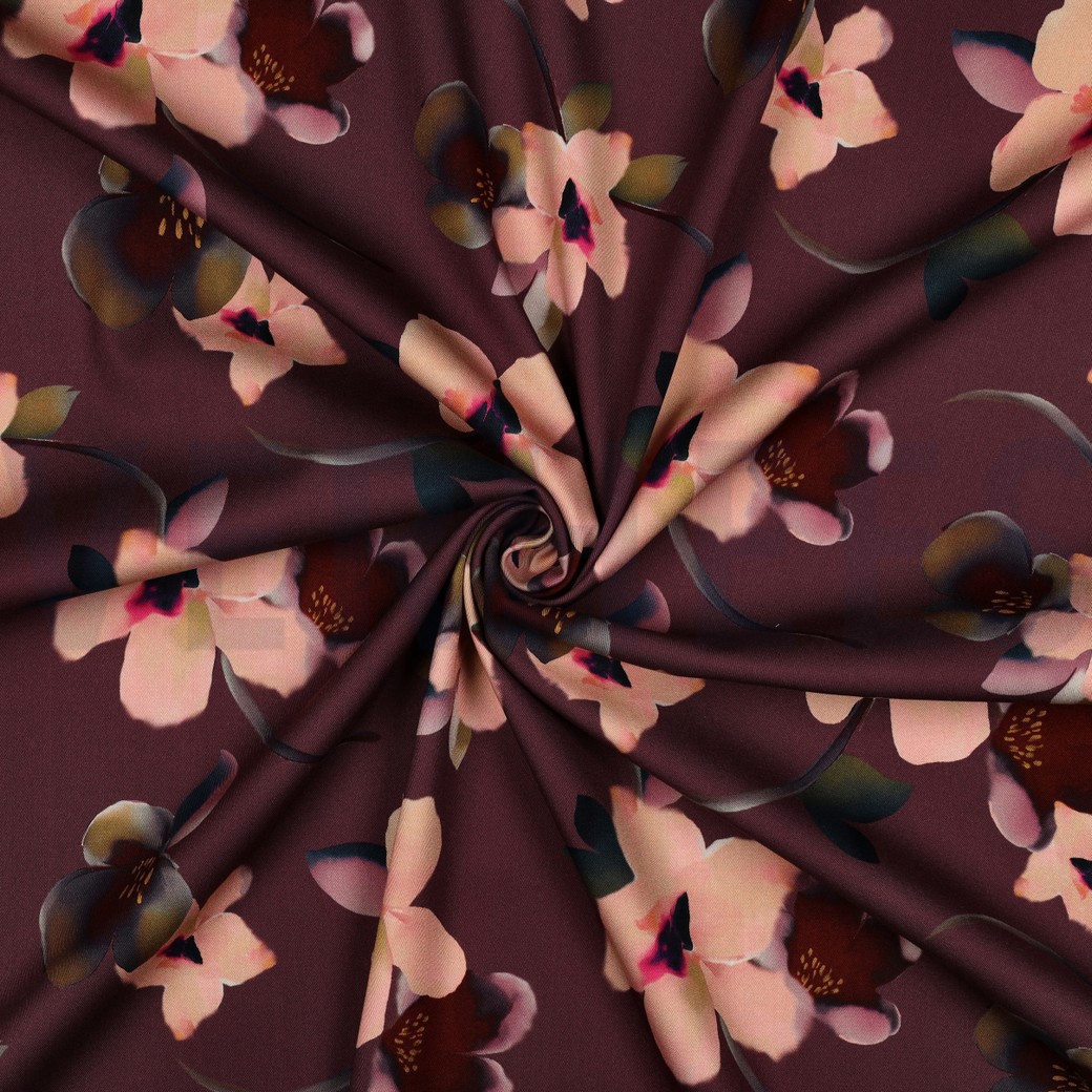 VISCOSE ROSELLA STRETCH DIGITAAL BLOEMEN AUBERGINE #7