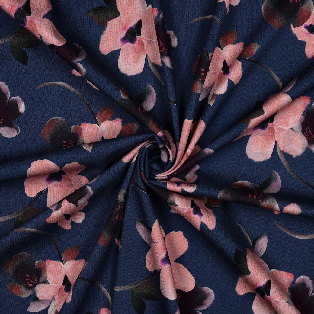VISCOSE ROSELLA STRETCH DIGITAAL BLOEMEN KOBALTBLAUW #7