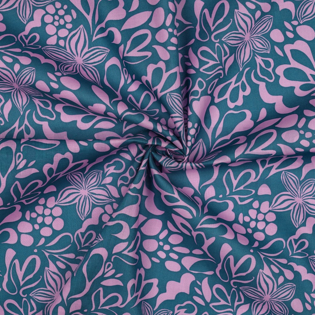 BAUMWOLLE VOILE BLUMEN PETROL #7