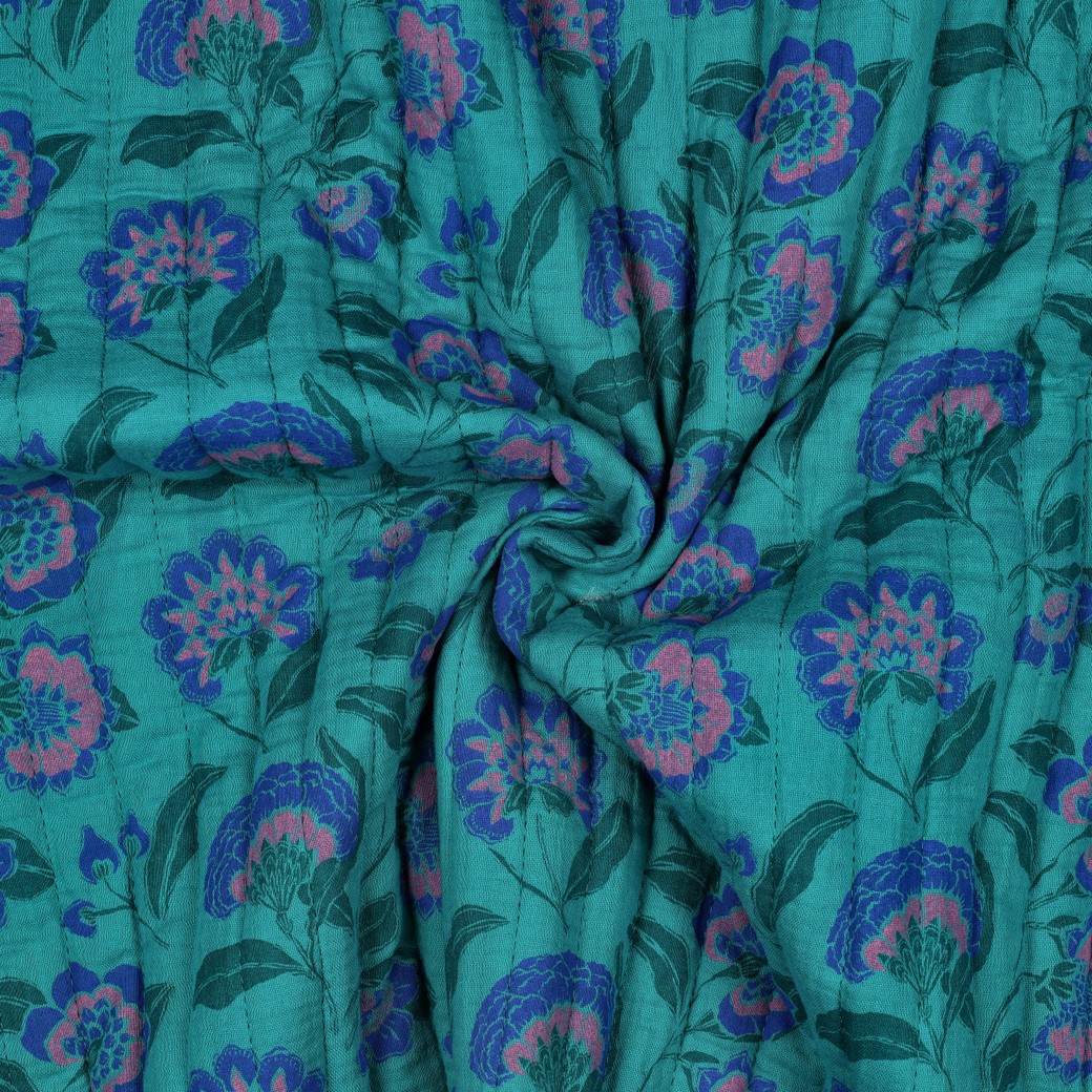 DOUBLE GAUZE GEWATTEERD BLOEMEN PETROL #7