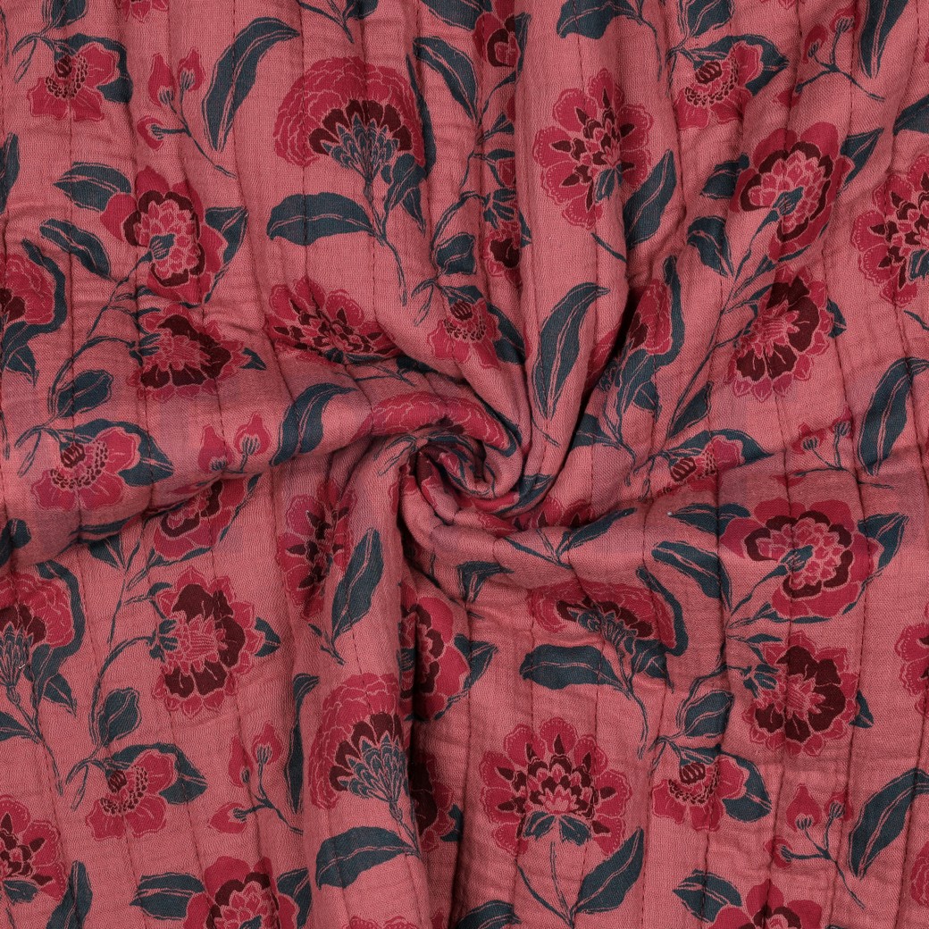 DOUBLE GAZE DE COTON MATELASSÉ FLEURS MAUVE #7
