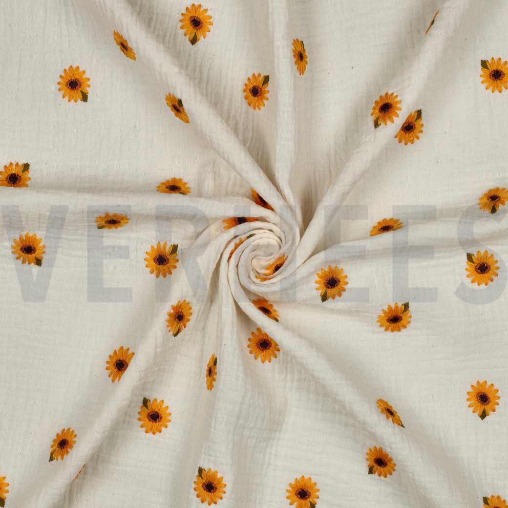 DOUBLE GAZE DE COTON BRODERIE TOURNESOLS NATUREL #7
