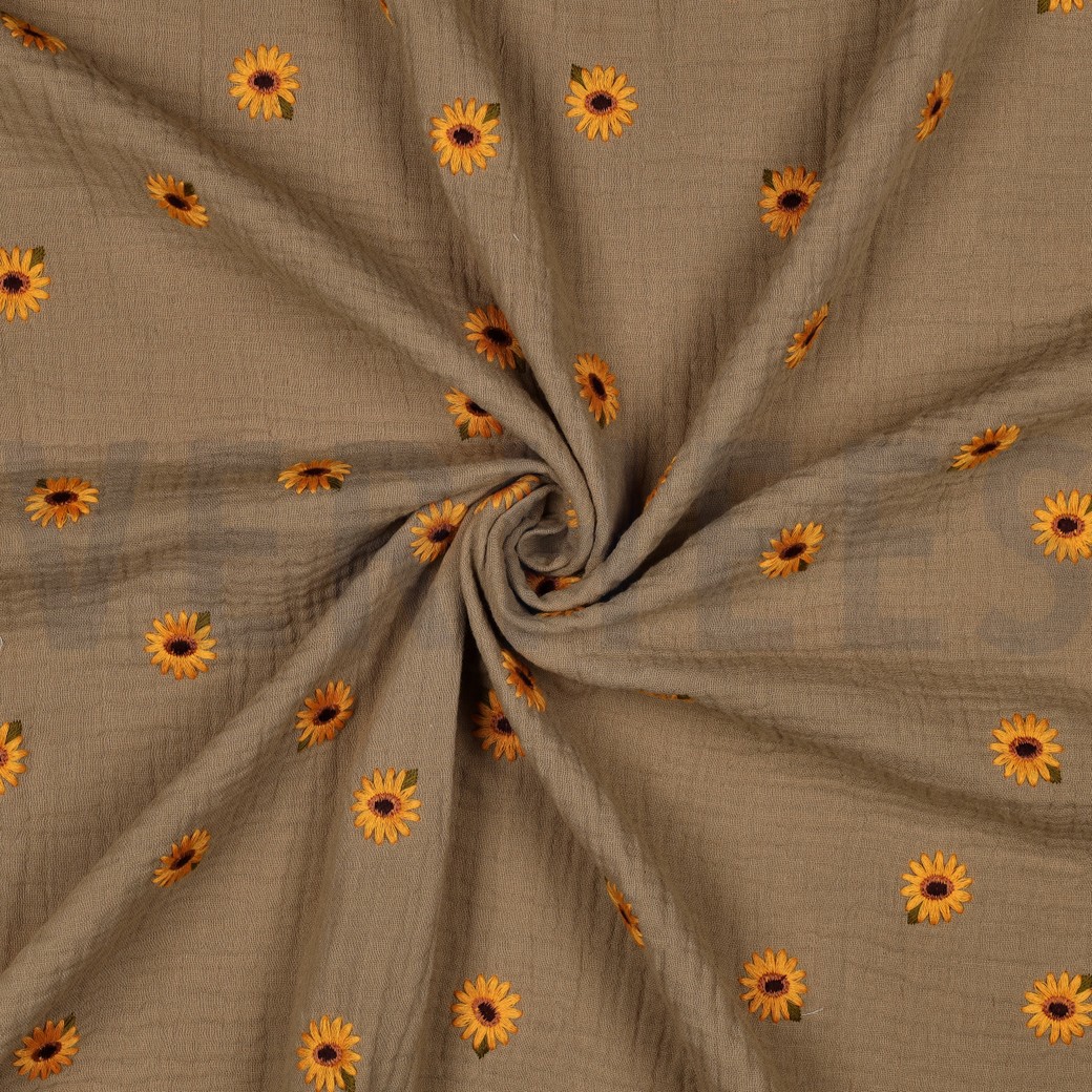 DOUBLE GAZE DE COTON BRODERIE TOURNESOLS BEIGE #7