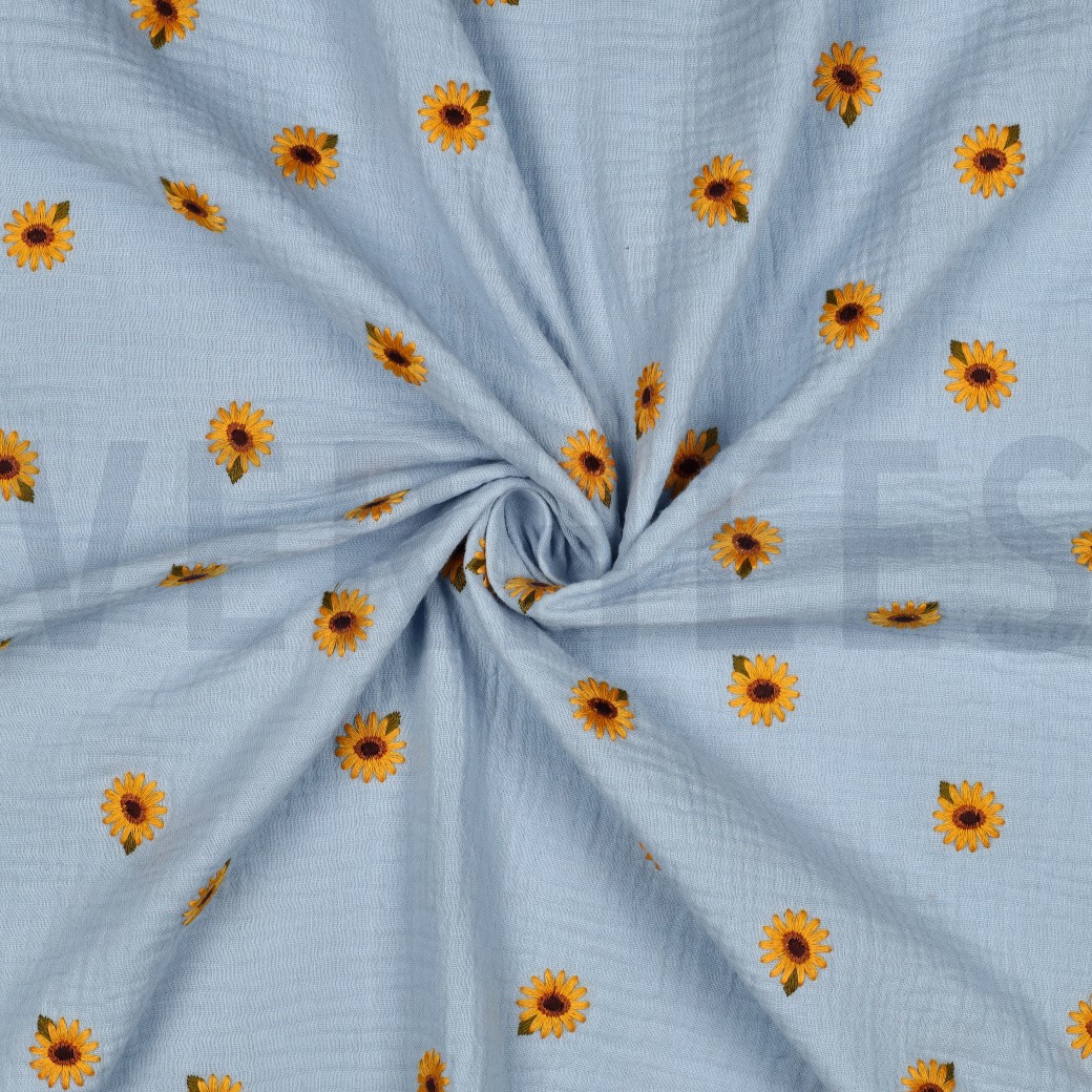MUSSELIN STICKEREI SONNENBLUMEN BLAU #7
