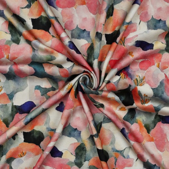 VISCOSE SATIN DIGITAL FLEURS PÊCHE #7