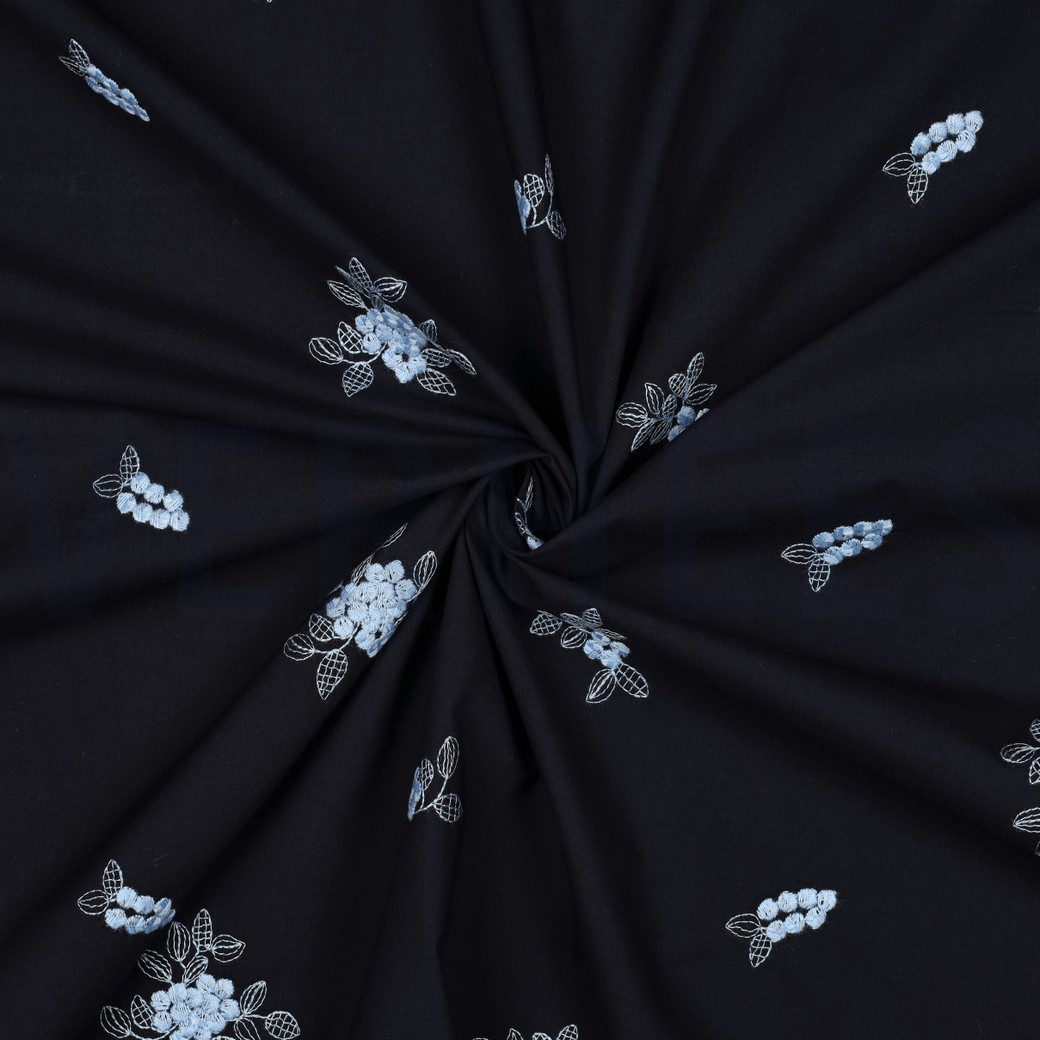 COTON VOILE BRODERIE FLEURS BLEU MARINE #7