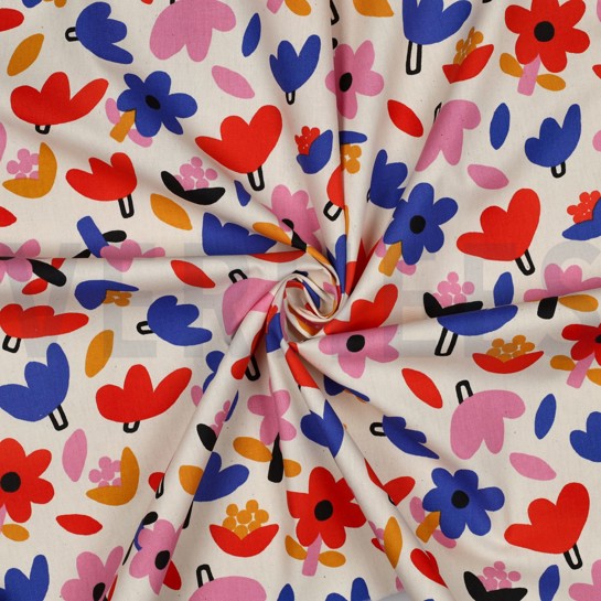 KATOENEN POPLIN GOTS BLOEMEN JENNIFER BOURON NATUREL/BLAUW #7