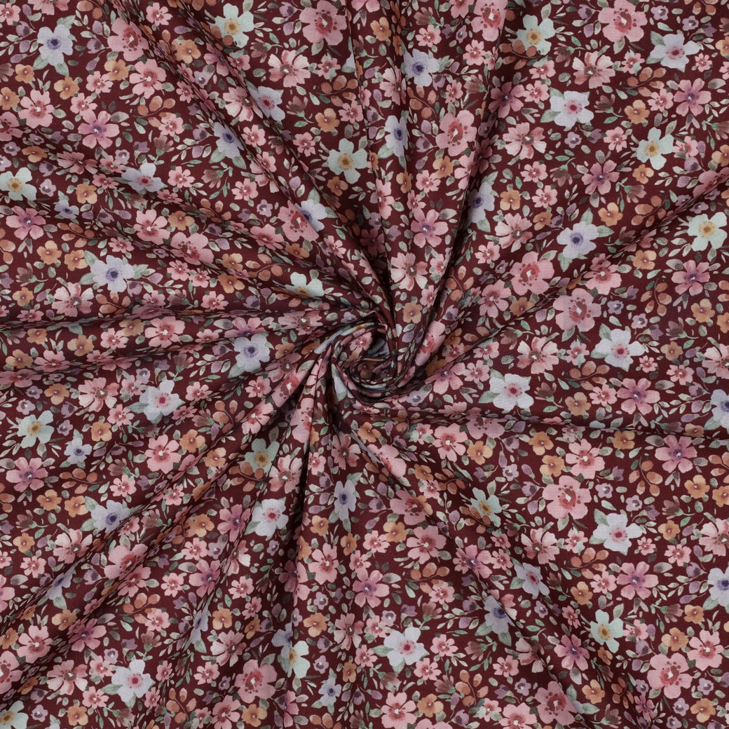 FEIN GEWEBTE BAUMWOLLPOPELINE DIGITAL BLUMEN BORDEAUXROT #7
